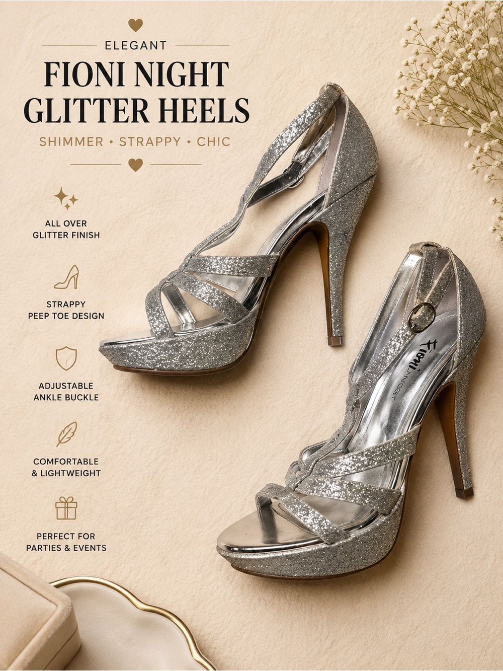 Fioni Night Silver Glitter Platform Heels | Strappy Peep Toe Party Heel | Size5½